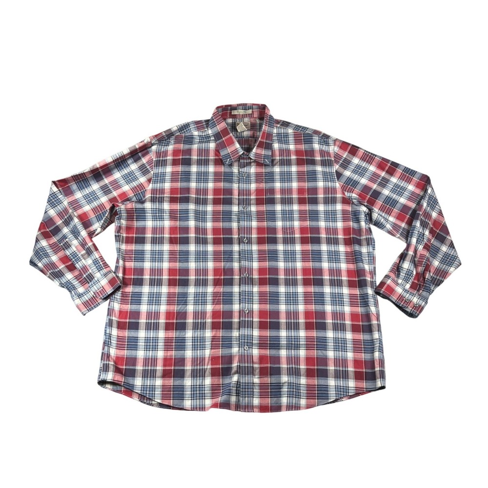 LL Bean Mens XXL Red Blue Plaid Wrinkle Free Button Down Shirt Pre-Owned